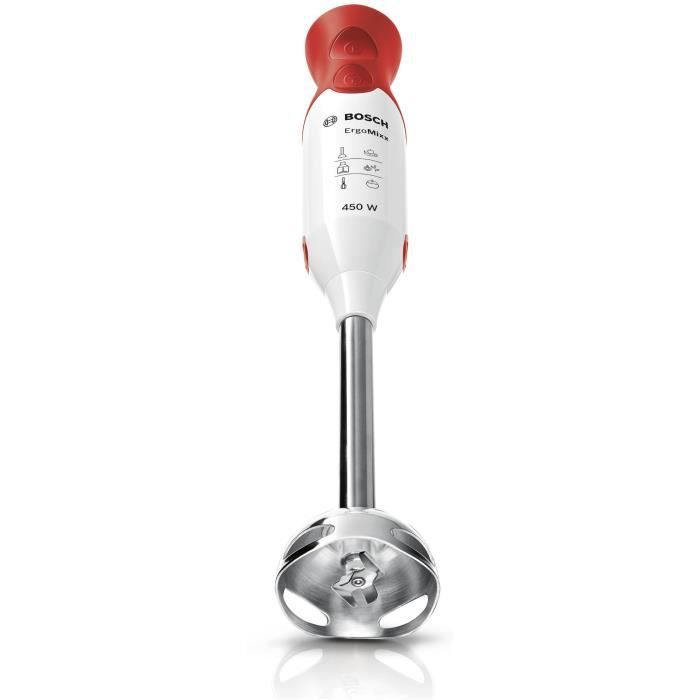 Mixeur plongeant BOSCH ErgoMixx MSM64110 - 450W - Pied inox - 4 lames aiguisées - 2 vitesses - Bol gradué 600ml - blanc/rouge