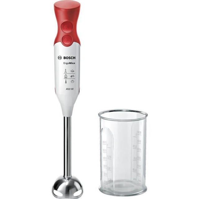 Mixeur plongeant BOSCH ErgoMixx MSM64110 - 450W - Pied inox - 4 lames aiguisées - 2 vitesses - Bol gradué 600ml - blanc/rouge