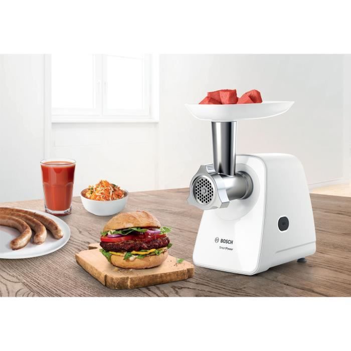 Hachoir a viande - BOSCH - MFW2510W - 2 grilles - Garnisseur de saucisses - Blanc