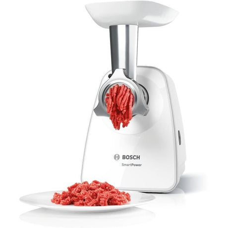 Hachoir a viande - BOSCH - MFW2514W SmartPower - Blanc - moteur bloqué 1500 W - 1,7 kg/mn - 2 grilles de hachoir - râpeur/éminceur