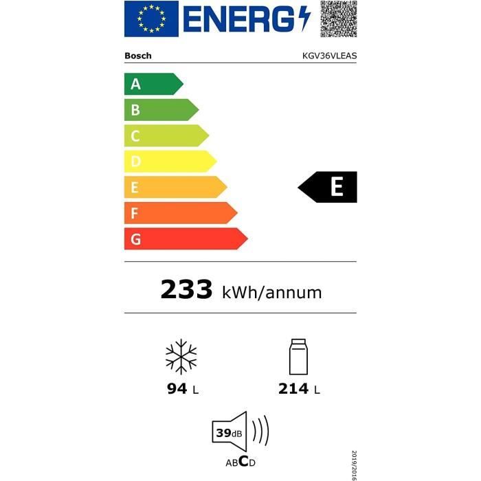 BOSCH KGV36VLEAS - RÈfrigÈrateur congÈlateur bas-307 L (213+94 L)-Froid brassÈ - L 60 x H 186 cm - Inox