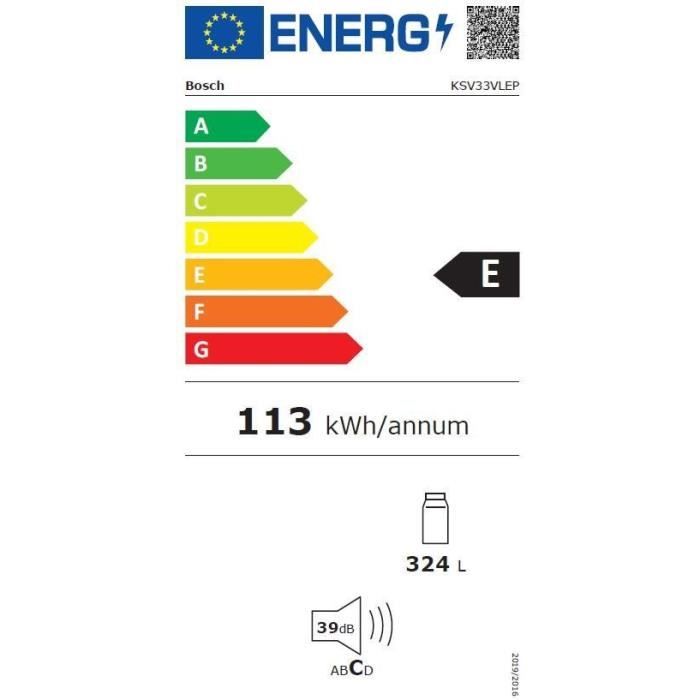 RÈfrigÈrateur pose-libre - BOSCH KSV33LEP SER4 - 1 porte - 324 L - H176xL60xP65 cm - Inox