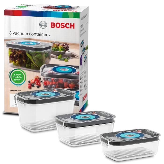 BOSCH - 3 boites de conservation sous vide hermÈtiques : 0,7L, 1,0L et 1,5L - Bac d'Ègouttement - Indicateur jour et mois - Tritan