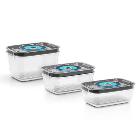 BOSCH - 3 boites de conservation sous vide hermétiques : 0,7L, 1,0L et 1,5L - Bac d'égouttement - Indicateur jour et mois - Tritan