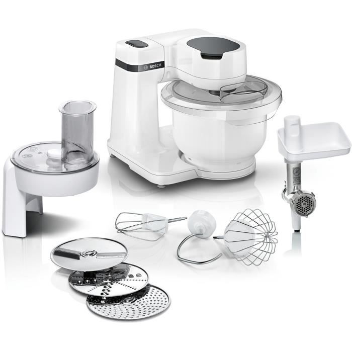 Robot pâtissier BOSCH Serie 2 MUMS2AW21- 700 W - 4 vitesses - 3,8 L - 3 disques - hachoir a viande - Blanc