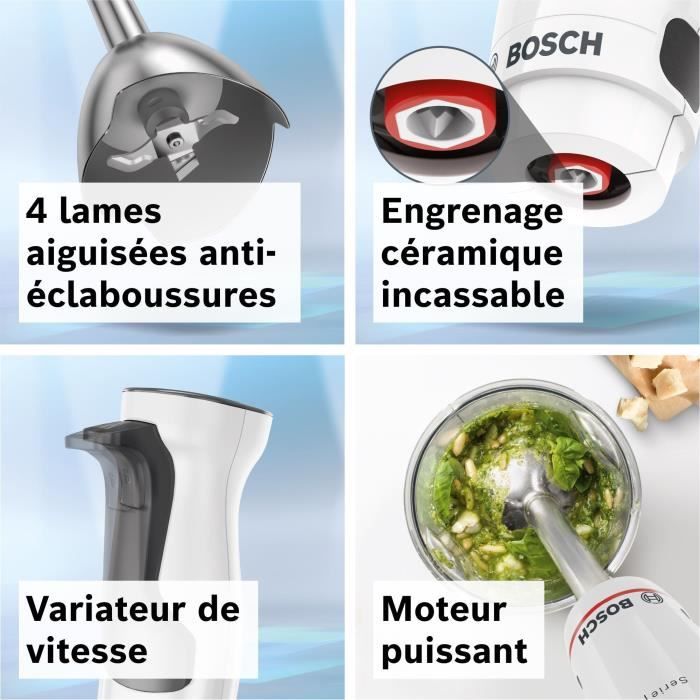 Mixeur plongeant - BOSCH - MSM4W221 - 600 W - 4 lames aiguiseés - Bol mélangeur - Mini hachoir - Fouet - Engrenage céramique