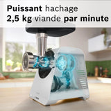 Hachoir a viande - BOSCH - MFWS420W Série 4 - Blanc - 500 W - moteur bloqué 1900 W - 2,5 kg/mn - 2 vitesses - 2 grilles de hachoir