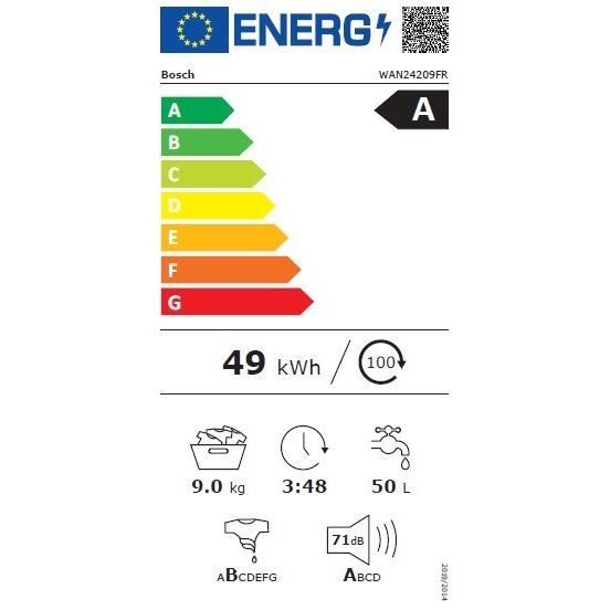 Lave-linge hublot BOSCH WAN24209FR SER4 - 9 kg - Induction - L60cm - 1200 trs/min - Classe A - Vapeur- Blanc