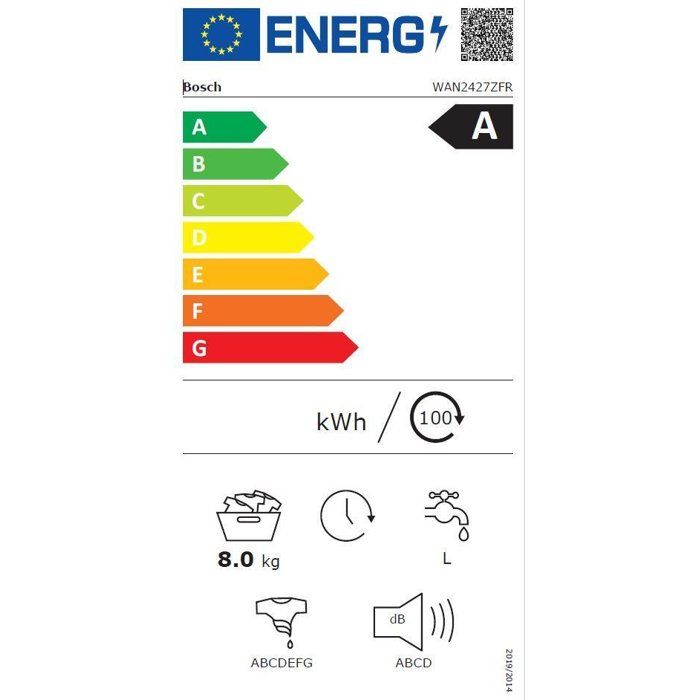 Lave-linge hublot BOSCH WAN2427ZFR SER4 - 8 kg - Induction - 60 cm - 1200 trs/min - Classe A - Vapeur - Blanc