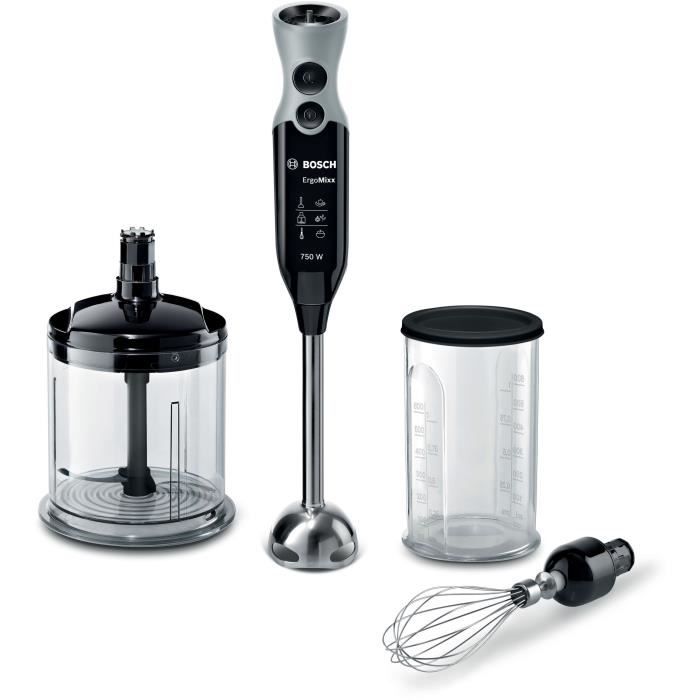 Mixeur Plongeant BOSCH ErgoMixx MSM67160 – Puissance de 750 W – Mini-hachoir et fouet inclus - Noir