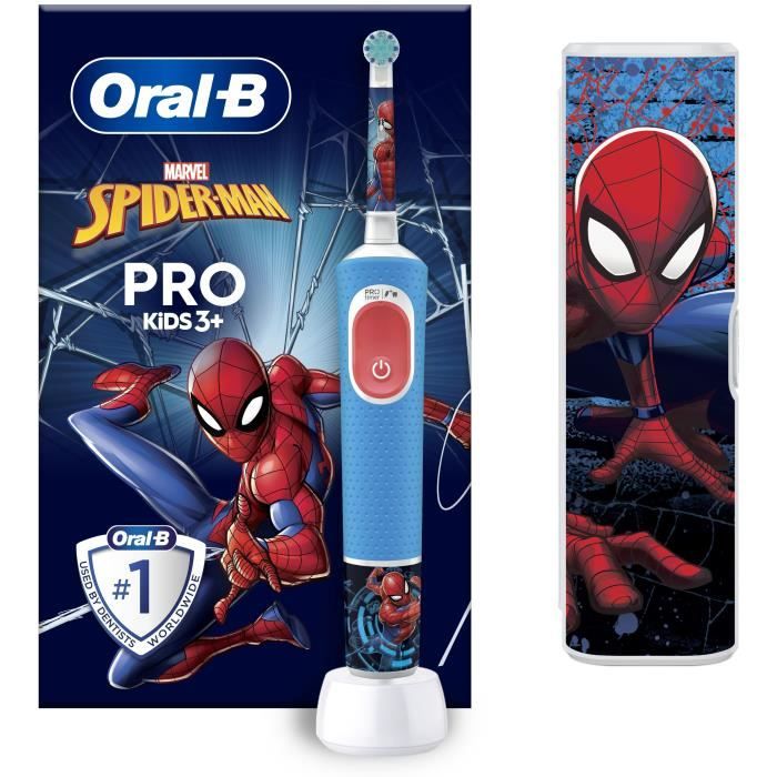 Oral-B Pro Kids3+ Brosse a dents électrique enfant Spiderman, Marvel, 1 étui de voyage, 1 Brossette Brossage Doux