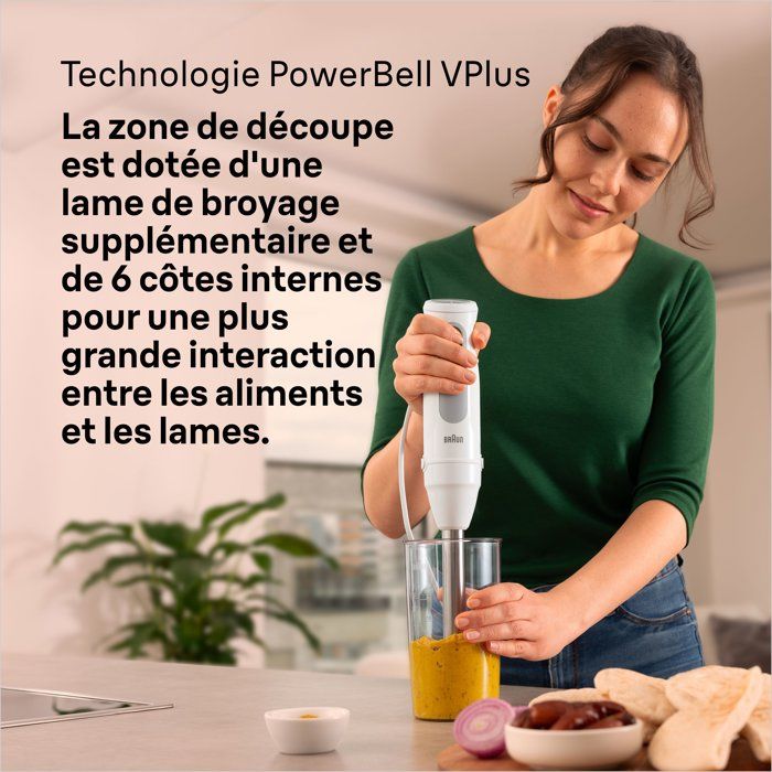 Mixeur plongeant - BRAUN - MultiQuick 5 - 1000 W - 21 vitesses - Gobelet 600 ml - Mini hachoir - Fouet - Blanc