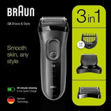 Rasoir Èlectrique sans fil BRAUN Series 3 Shave&Style 3000BT - outil 3 en 1 avec tondeuse a barbe - Noir