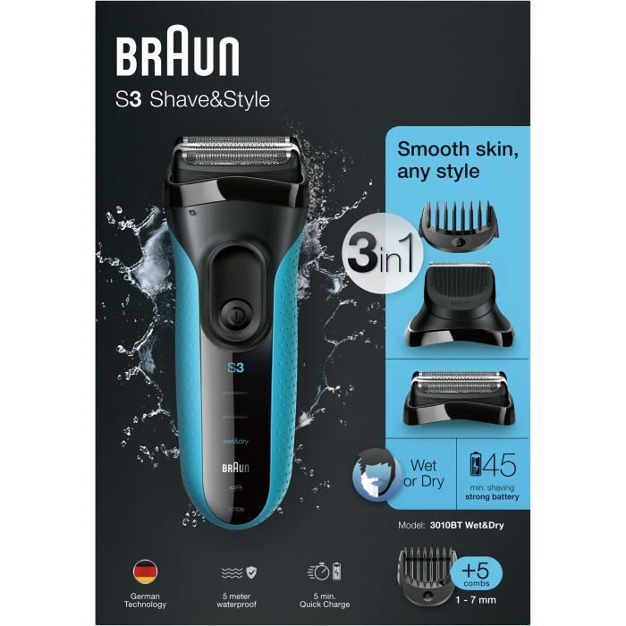 Rasoir Èlectrique barbe homme - BRAUN - Series 3 Shave & Style 3010BT - Technologie Wet & Dry - Noir / Bleu