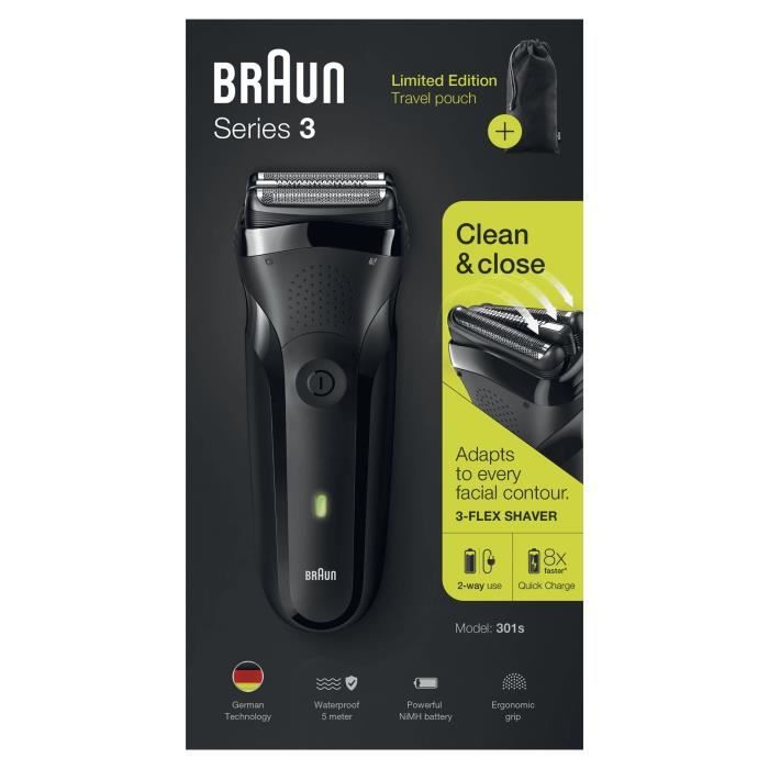 Rasoir Èlectrique BRAUN Series 3 301s - sans fil - avec Ètui - noir