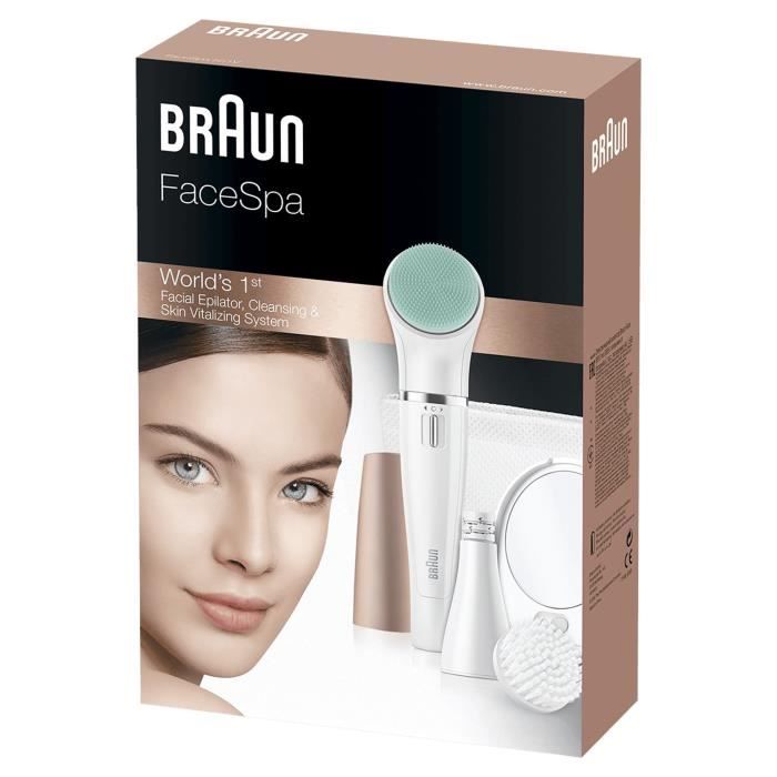 Braun FaceSpa†851V 3-En-1 …pilateur …lectrique Femme Visage et …pilation Blanc/Bronze, Brosse Nettoyante, …pilation, Nettoyage