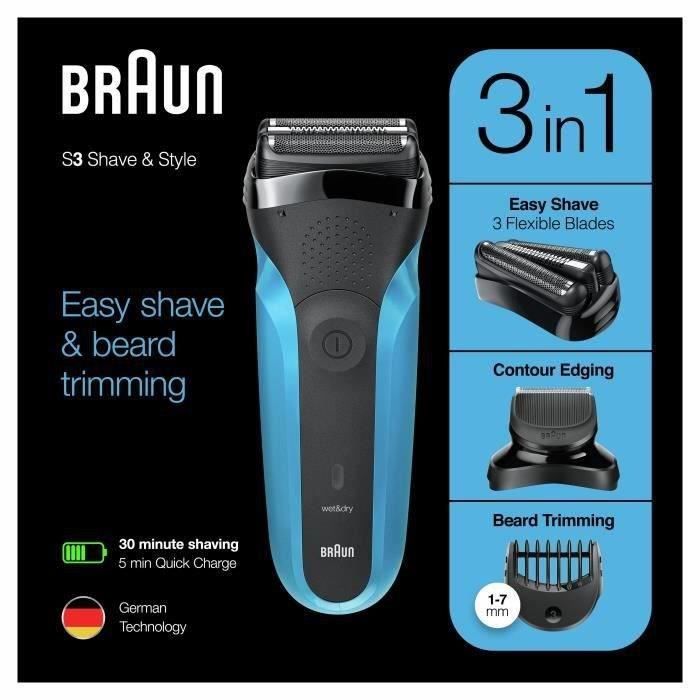 Rasoir Èlectrique sans fil BRAUN Series 3 Shave & Style - 3 lames flexibles - 5 sabots - Noir/Bleu