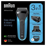 Rasoir Èlectrique sans fil BRAUN Series 3 Shave & Style - 3 lames flexibles - 5 sabots - Noir/Bleu