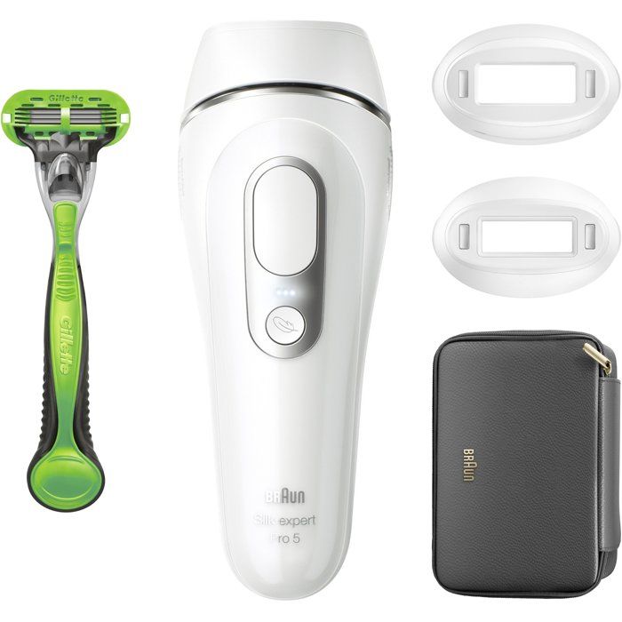 Épilateur a Lumiere Pulsée - BRAUN - Silk·expert Pro 5 Blanc- Épilation a la maison - Pochette - Rasoir Venus- 2 Tetes - PL5152