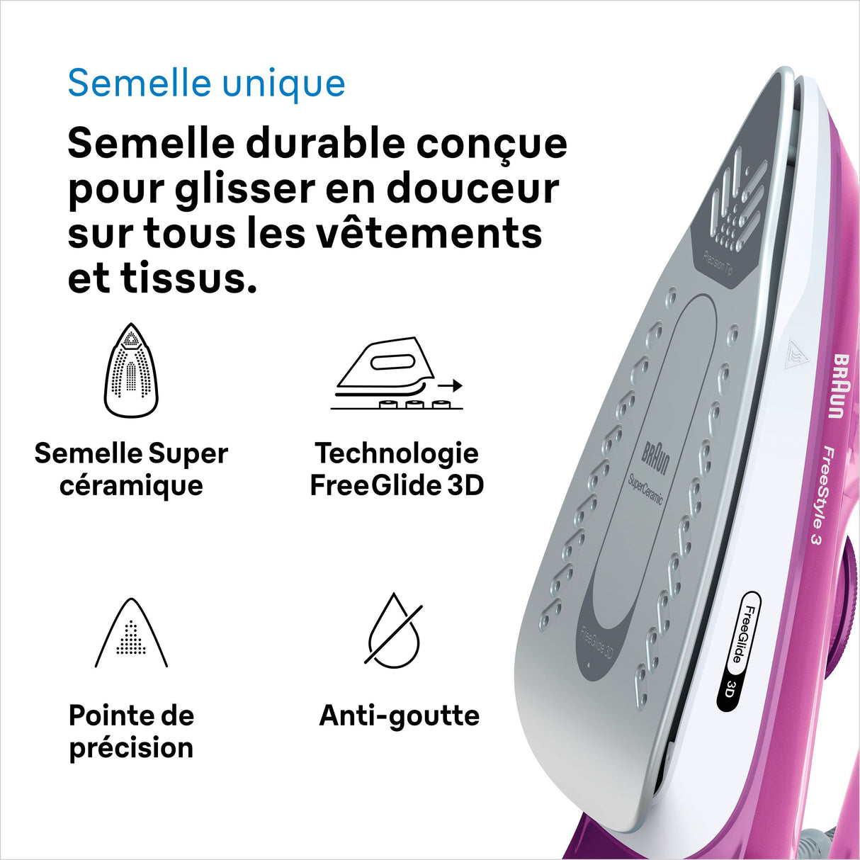 Fer vapeur - BRAUN - FI3124PU Freestyle 3 - Puissance 2400 W - Semelle SuperCéramic - Réservoir d'eau 270 ml - Auto-nettoyant