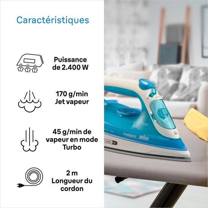 Fer a vapeur BRAUN FI3144 BL FreeStyle 3 - Semelle SuperCeramic - Puissance 2400 W - Vapeur constante 45 g/min