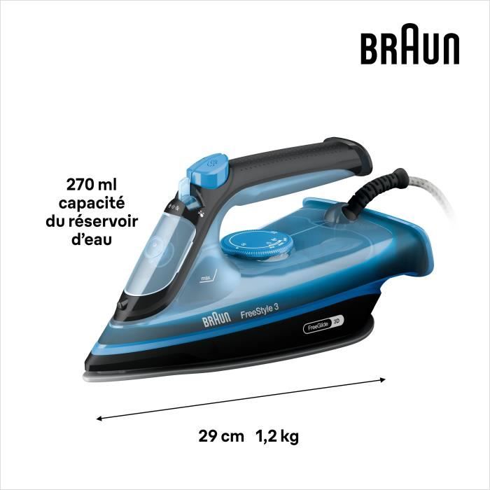 Fer vapeur - BRAUN - FI3194BK FreeStyle 3 - Puissance 2400 W - Vapeur constante 45 g/min Pressing 200g/min - Semelle SuperCeramic