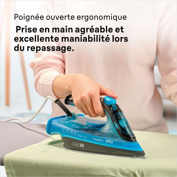 Fer vapeur - BRAUN - FI3194BK FreeStyle 3 - Puissance 2400 W - Vapeur constante 45 g/min Pressing 200g/min - Semelle SuperCeramic