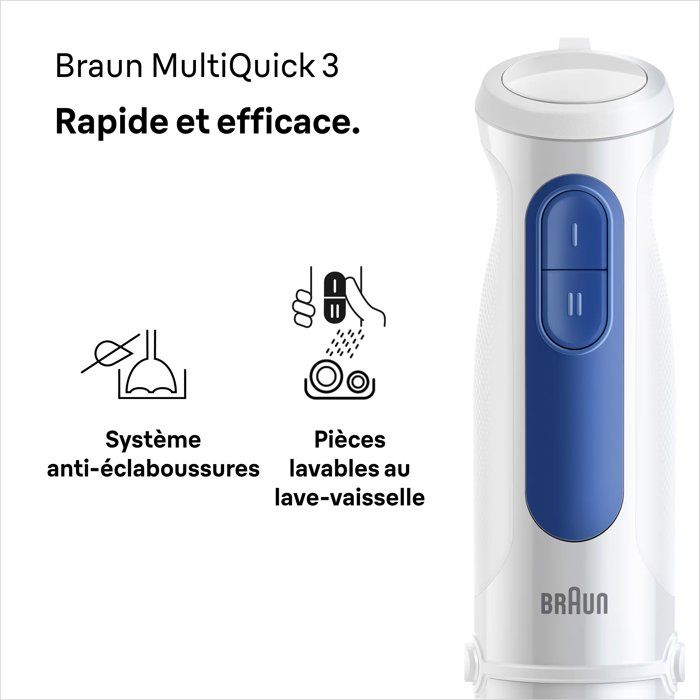 Mixeur plongeant - BRAUN - MultiQuick MQ30001M - 900 W - 2 vitesses - Blanc / Bleu