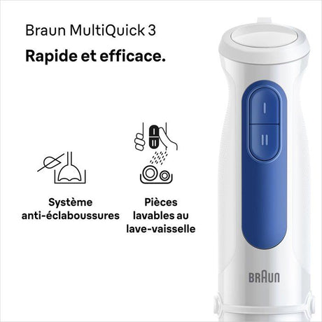 Mixeur plongeant - BRAUN - MultiQuick MQ30001M - 900 W - 2 vitesses - Blanc / Bleu