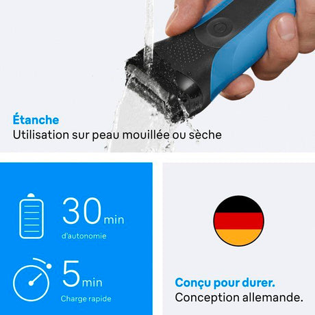 Rasoir électrique BRAUN Series 3 - Bleu et noir - Autonomie 30 minutes - Charge rapide 5 minutes