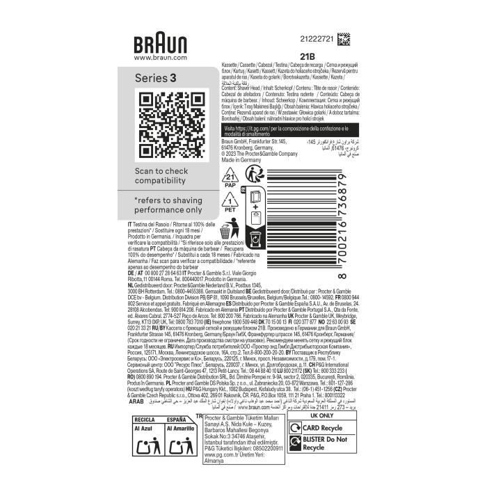 Tete de rasoir BRAUN Series 3 - 2 grilles - 100 % fabriqué en Allemagne