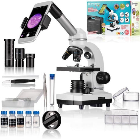 Microscope Biolux SEL avec systeme de zoom, grossissement 40x-1600x, support smartphone, coffret rigide, Microscope étudiant, BRESSE
