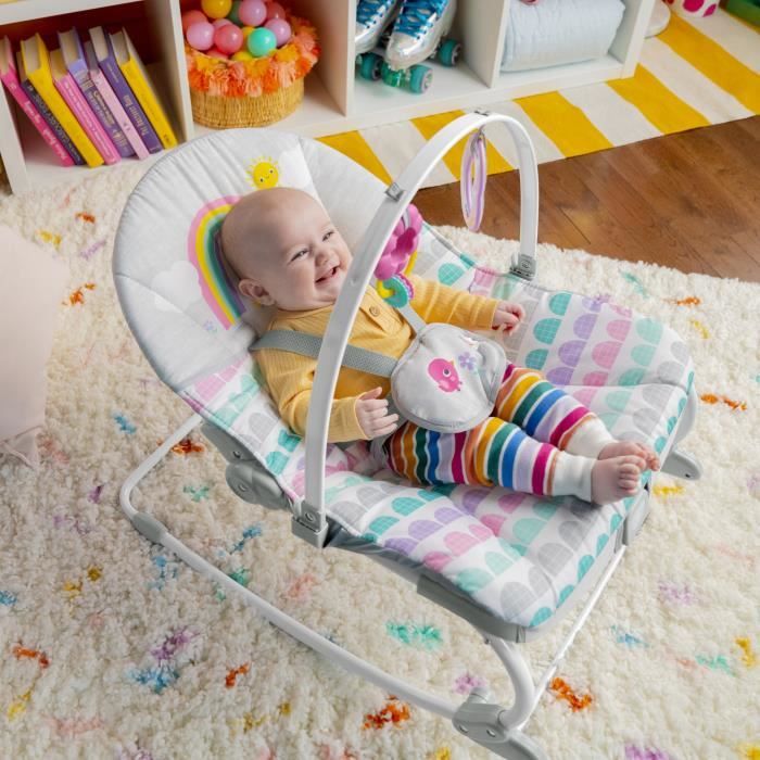 BRIGHT STARTS Transat bébé évolutif Arc-en-Ciel, rose, Vibrations apaisantes, 2 positions d'inclinaison, jusqu'a 30 mois