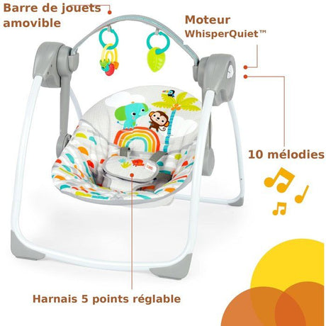 BRIGHT STARTS Transat bébé Balancelle électrique pliable – Animaux, 6 vitesses balancement, cadeau bébé