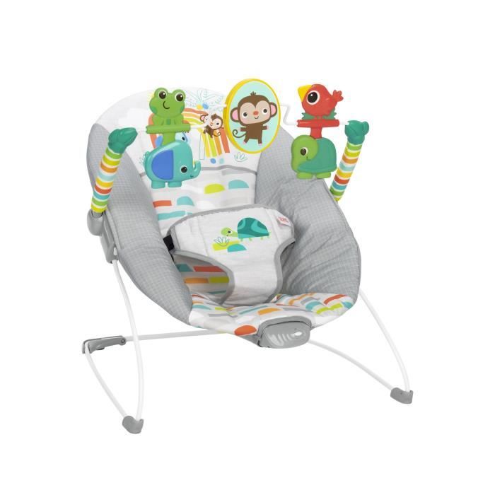 BRIGHT STARTS Transat pour bébé Animaux, Vibrations apaisantes, Arche d'éveil avec jouets interactifs, Cadeau Noel bébé