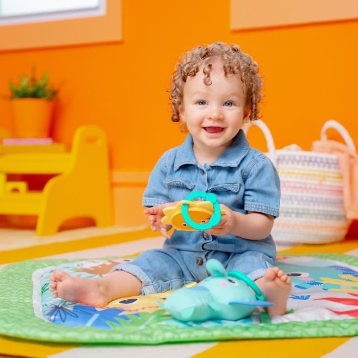 BRIGHT STARTS Tapis d'éveil bébé au sol évolutif pliable- Jungle Vert- arche avec jouets sensoriels et musicaux, miroir