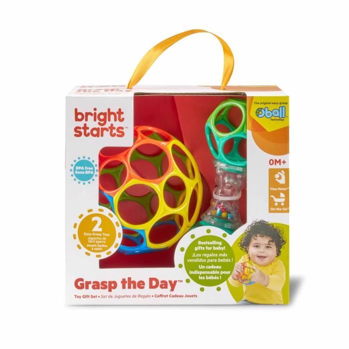 BRIGHT STARS Coffret cadeau de naissance O'Ball avec 2 jouets bébé: un hochet et une O Ball Classique rouge, jaune bleu et vert