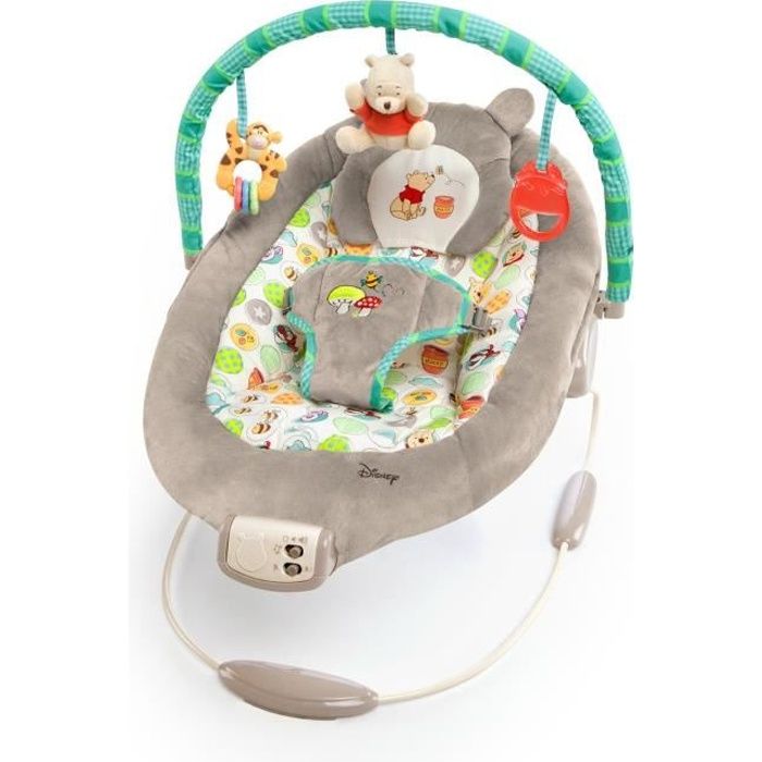 DISNEY BABY Winnie the Pooh Bouncer, Removable Ergonomic Headrest, Vibrations, 7 Melodies, Play Arch with 3 Toys