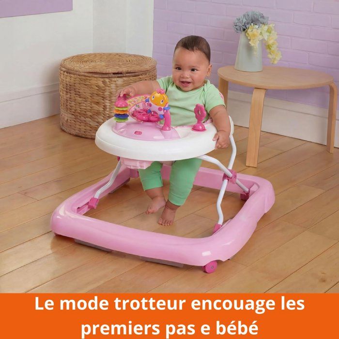 BRIGHT STARTS Trotteur pour  bébé fille évolutif et pliable 2-en-1 - Jardin Rose - cadeau bébé, Musique, Hauteur Réglable