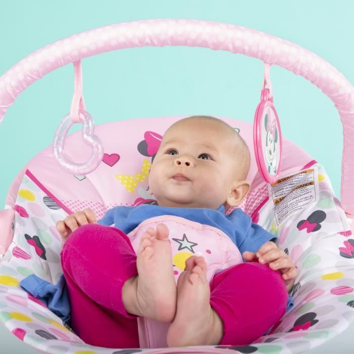 DISNEY BABY -MINNIE- Transat bébé Confettis, Arche avec jouets d'éveil amovibles, Vibrations apaisantes,  Lavable en machine