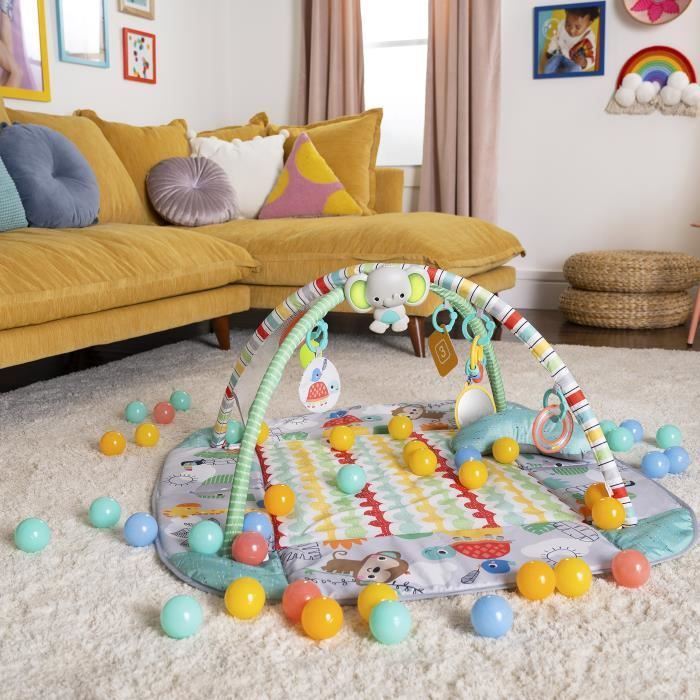 BRIGHT STARTS Tapis d'éveil bébé,  parc a balles, Tropical, 5 modes de jeu - 40 balles - 7 jouets détachables, Cadeau Noël bébé