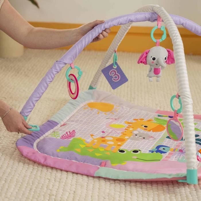 BRIGHT STARTS Tapis de sol éveil bébé évolutif pliable- Jungle Rose- arche avec jouets sensoriels et musicaux, miroir