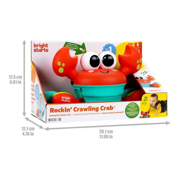 BRIGHT STARTS Jouet bébé 6M+ Crabe musical à poursuivre, jouet de motricité globale et fine, capteurs à obstacle, rouge