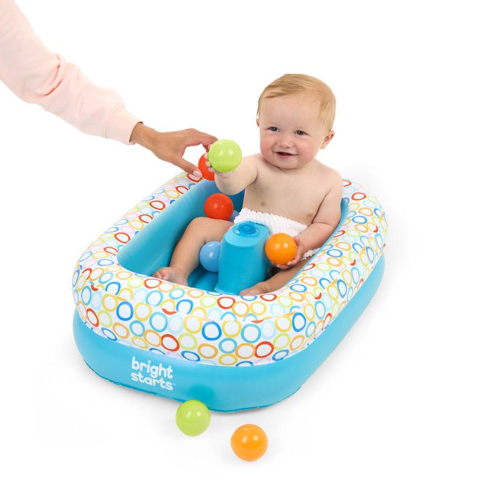 BRIGHT STARTS- Baignoire gonflable avec pompe intégré, 8 balles de jeu et bouche d'évacuation