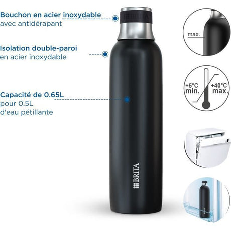 Bouteille isotherme BRITA - Compatible SodaTRIO - Capacité 0,65L - Acier Inoxydable - Noire