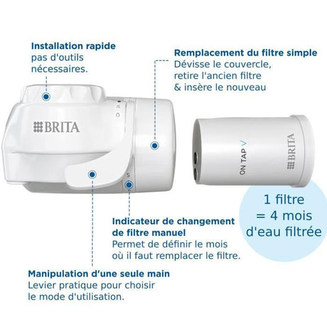 Systeme filtration a eau BRITA - ON TAP - Jusqu'a 4 mois d'eau filtrée - 3 modes d'utilisations - 5 adaptateurs inclus