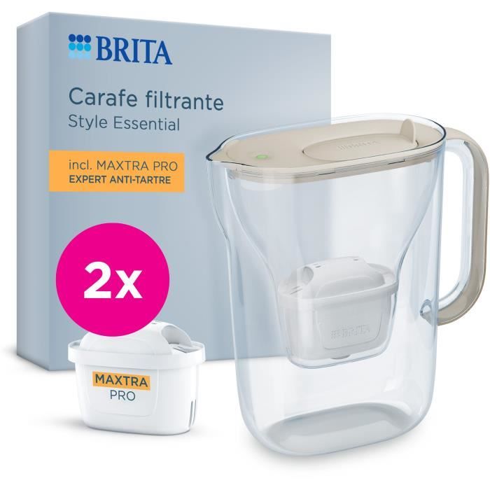 Carafe filtrante BRITA - Style Essential Sable - Capacité 2,4L dont 1,4L d'eau filtrée - 2 filtres Maxtra Pro Expert anti-tartre