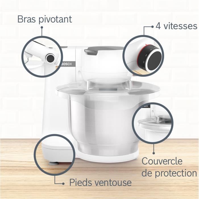 Robot multifonction compact - BOSCH MUMS2EW20 - Bol inox - 3 disques - blender 1,25L - Kit pâtisserie inclus - blanc