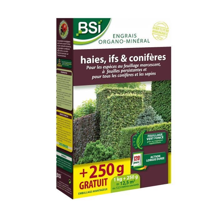 BSI - Engrais Organo-Minéral - Bio - Haies, Coniferes - Pour Feuillages Persistants Et Coniferes - 1Kg - Plus 250g gratuit - 12,5m²