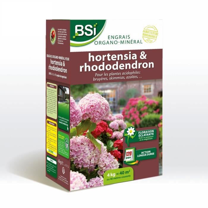 BSI - Engrais Hortensias/Rhododendrons - Pour Tous les Hortensias / Rhododendrons - Action Longue Durée - 4kg - Jusqu'a 40 m² - UAB